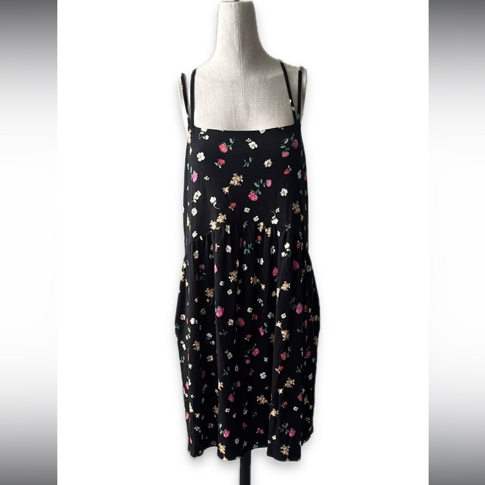 Old Navy Dress Womens XL Black Floral Strappy Midi Side Pockets Square neck